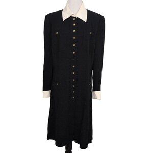 Rena Lange Military Dress Womens Size 14 Black 100% Wool Button Front Lined